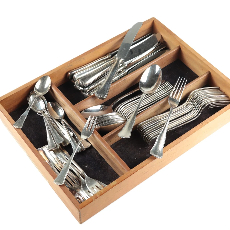 WMF82 Germany Flatware 60pc Set – Modern Hollow Knife, Cocktail Forks, Wood Tray - Image 1 of 4