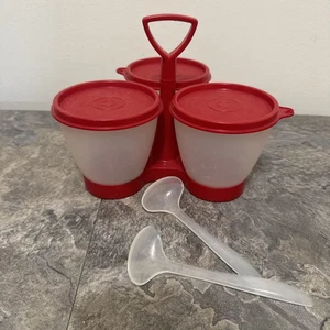 Tupperware Condiment Red Caddy Keeper Salad Spoons Dressing Dips Picnic BBQ GUC - Picture 1 of 3