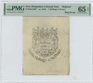 1742 New Hampshire 7sh 6d NH-55 PMG GEM 65 EPQ c. 1850 Cohen Reprint - Picture 1 of 2