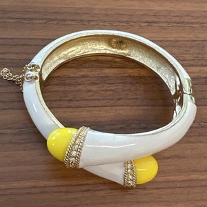 J. Crew Gold Crystal & Spring Pastel Yellow Enamel Clamp Bangle Bracelet - Picture 1 of 5