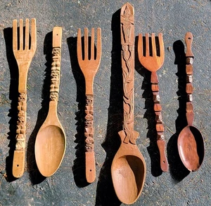 Vintage Hand-Carved Oversized Wooden Spoon & Fork Wall Utensils 26"-38" Set of 6 - Picture 1 of 12