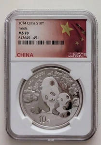 2024 CHINA S10Y SILVER PANDA COIN NGC MS70 FLAG LABEL SKU 8136451-491 - Picture 1 of 2