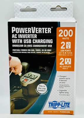NEW Tripp-Lite 200W AC Inverter with USB Charging 2 Outlets, 2 USB Ports - Image 1 of 4