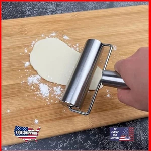 Rolling Pin Acciaio Inox Liscio Pasticceria e Pizza Doppio Impasto Panettiere Rullo US - Foto 1 di 9