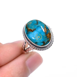 925 Sterling Silver Ring Natural Blue Copper Turquoise Gemstone Women Jewelry NS - Picture 1 of 4