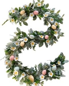 5.9 Feet Easter Eggs Wild Flowers Garland Wreath for Front Door, Spring Green Le - Picture 1 of 12