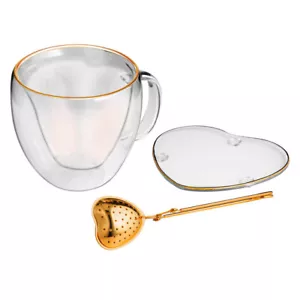 3pc Tempa Amour Gold Rim Heart Tea Set 305ml Drinking Cup/Infuser/Saucer Clear - Picture 1 of 3