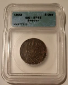 Sweden Gustaf V 1923 5 Ore XF45 ICG - Picture 1 of 4