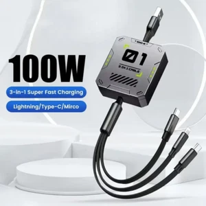 100W 3 in 1 Retractable Fast Charging Data Cable USB Type C iPhone Samsung - Picture 1 of 14
