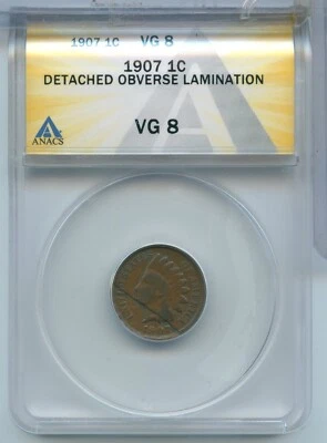 Centavo cabeza india 1907-P error separado obv laminación ANACS VG8 centavo - ST03 Foto 1 de 3