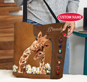 Personalized Giraffe Family Tote Bag, Loves Giraffe Handbag, Giraffe Lover Gift