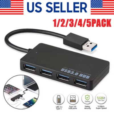 4 Port USB 3.0 Hub Cable  Power Adapter Splitter Multiple Extender for Laptop - Image 1 of 4