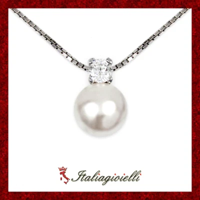 Signorile Collana Brillante con Perla in Argento 925 Rodiato Oro Bianco - Immagine 1 di 4