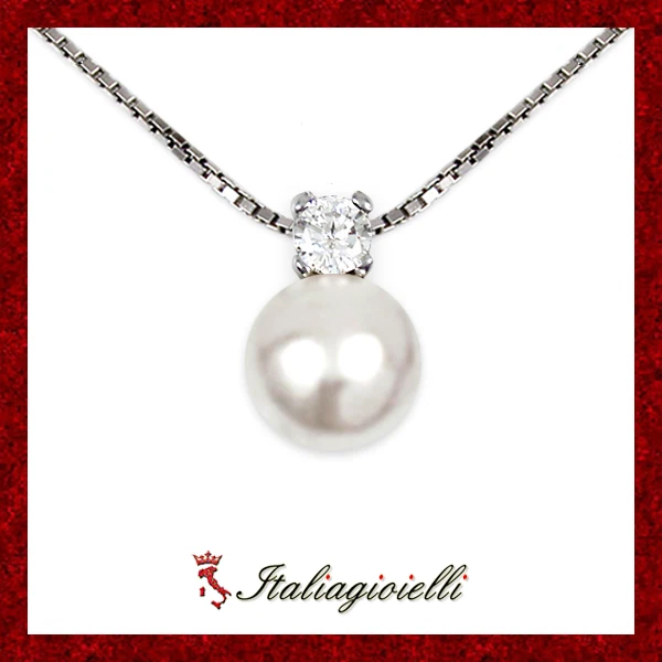 Signorile Collana Brillante con Perla in Argento 925 Rodiato Oro Bianco - Immagine 1 di 4