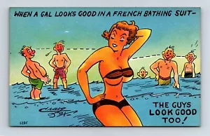 Postcard Humor Woman Look Good In French Bathing Suit Guys Look Good Too AL1 - Picture 1 of 2