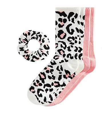 Jenni Mujer 2 Pares Moda Calcetines Crew y Pelo Scrunchie Conjunto Guepardo Animal Foto 1 de 3