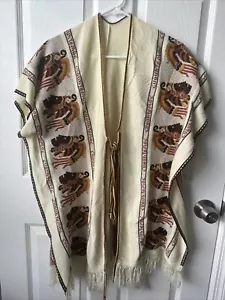Vtg 1970s Knit Cuauhtemoc Poncho Cream One Size Tribal Boho Fringed Tie Front - Picture 1 of 10