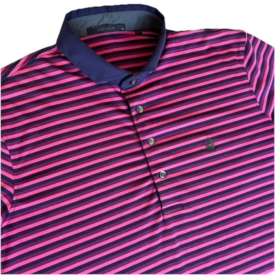 Greyson Golf Polo Navy Burgundy Pink Stripe Shirt Medium Pinecone Emblem - Image 1 of 4