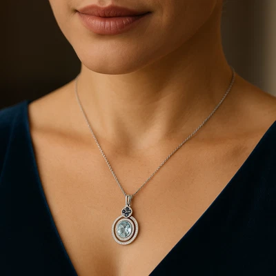 Colgante de oro blanco de 14K aguamarina genuina, zafiro azul y diamantes blancos Foto 1 de 4