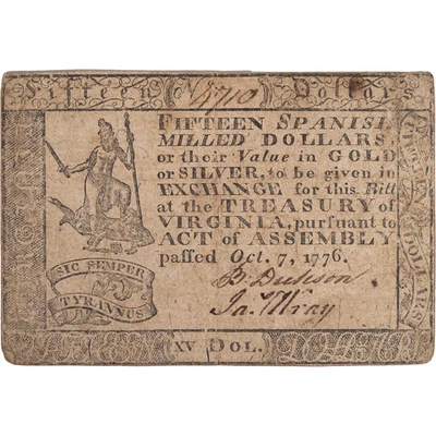 1776 October 7th 15 Spanish Milled Dollars Virginia Continental Currency Rare - Image 1 of 2