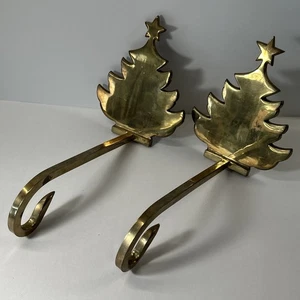 Pair Of Vintage Solid Brass Christmas Tree Stocking Holders Hangers Mantel Hook - Picture 1 of 8