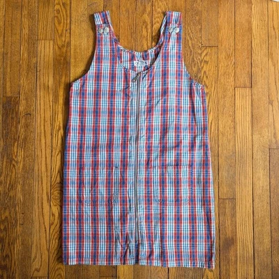 Y2K Cherokee Denim Zip-Front Pinafore Dress Medium 90s Vintage Overalls Plaid - Image 1 of 4
