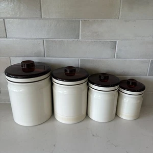 Vintage Retro MCM Metal Tin Plastic Lid Cream and Brown Canister Set Of 4 - Picture 1 of 18