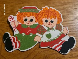 Vtg 1970s Hallmark Die Cut Gift/Package Topper Raggedy Ann/Andy Green Felt Xmas - Picture 1 of 11