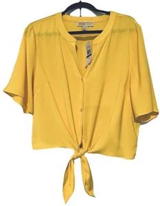 $98 Michael Kors Women Sz XL Blouse Top Short Sleeve Tie Waist Dandelion Yellow - Picture 1 of 9