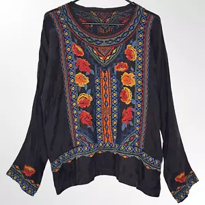 Camicetta donna Johnny Was Biya Abira grigio medio cupro tasche ricamate boho - Foto 1 di 19