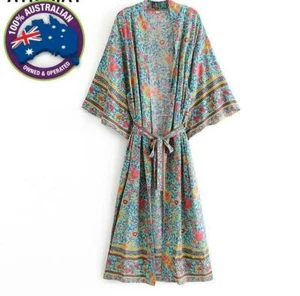 Vintage Green Floral Print Boho Kimono Waist Tie V-Neck Batwing Sleeve Maxi Robe - Picture 1 of 5