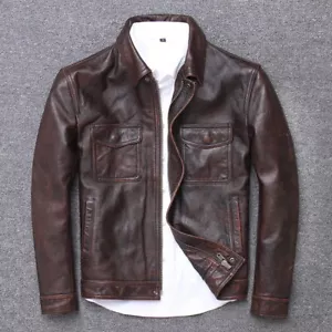 MENS BROWN GENUINE SHEEPSKIN LEATHER BIKER STYLE LEATHER JACKET - Picture 1 of 3