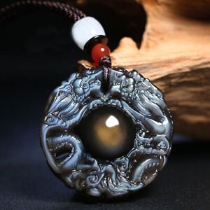Men's and Women's Necklace Obsidian Double Dragon Guardian Dragon Pendant