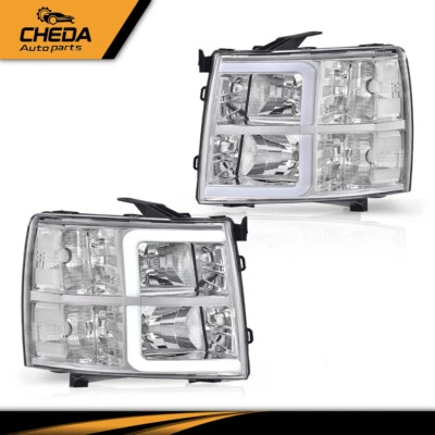 Fit For 07-13 Chevy Silverado 1500 2500 LED DRL Bar Tube Chrome Headlights - Image 1 of 4