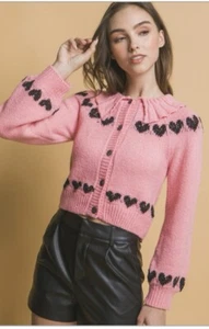 NWT Pink W/ Hearts Collar Soft Plush Button Up Sweater Sz Large Valentine’s Day - Picture 1 of 3