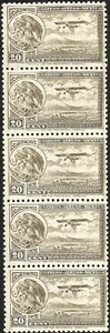 J) 1929 MEXICO, BLOCK OF 5, EAGLE AND AIRPLANE OVER MOUNTAINS, SCOTT C13, 20 CEN - Picture 1 of 1