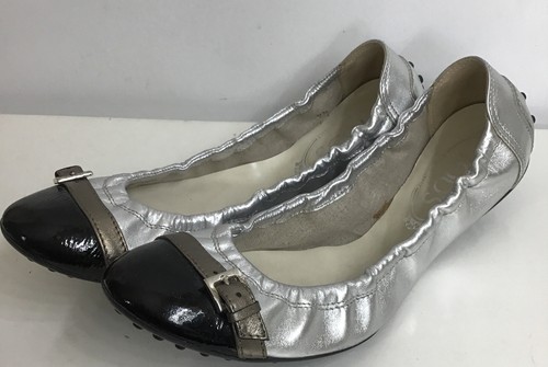 TOD’S Scarpa ballerina Tods argento cappello nero punta pelle suola in gomma fibbia taglia 9 5