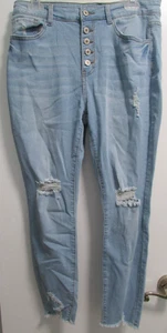Junior size L Light Blue Jeans Button Front Distressed Unhemmed Pants UNBRANDED - Picture 1 of 7