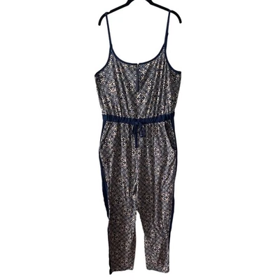 Derek Heart Mujer Plus 1X Mono Azul Crema Estampado Bolsillos Cintura Ajustada Cuello en V Foto 1 de 4