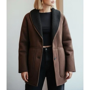 $228 NWT GAP Vegan Suede Shawl Collar Sherpa Oversized Coat, Brown, Medium - Picture 1 of 14