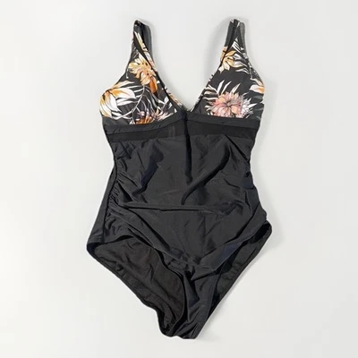 Swimwear Swimsuit 1 Piece Women L  Black Floral Tropical High Back Cut Out New - Image 1 of 4