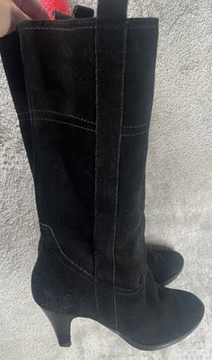 复古 Y2k Nine & Co 女式 9 Western JJ Clio 女牛仔靴黑色麂皮绒高跟鞋 — 第 1/4 张图片