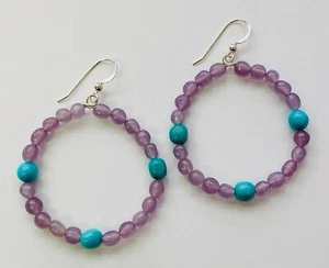 HSN Jay King Sterling Silver Lepidolite and Turquoise Hoop Drop Earrings - Picture 1 of 8