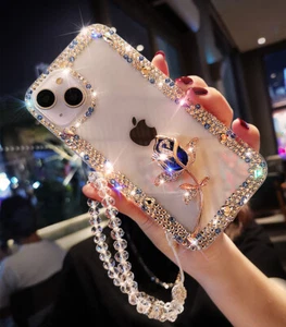 Luxury Girly Bling Diamond Sparkly Blue Rose Soft Women Case Phone Cover + Strap - Picture 1 of 8