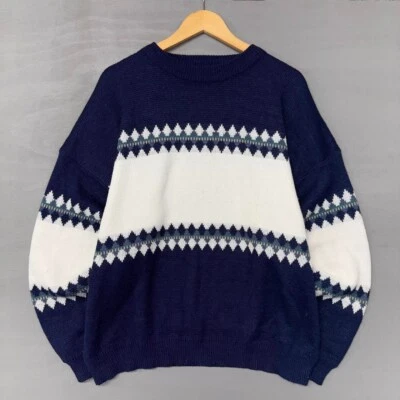 Vintage Sears 90s Knit Chunky Aztec Geometric Striped Sweater Blue White XL - Image 1 of 4