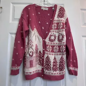 VTG Marisa Christina Women's Cardigan Large Pink Christmas Button Knit - Picture 1 of 18