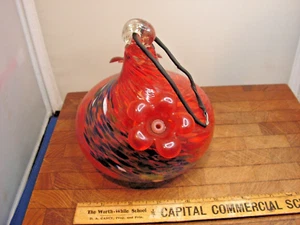 Hand Blown HUMMINGBIRD FEEDER Art Glass Hanging Swirl Red Blue Green - Picture 1 of 4
