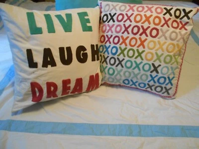 2 Pottery Barn Teen 16x16 Pillows Colorful Embroidered Applique Letters  - Image 1 of 3