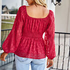 (Red M)Women Lantern Long Sleeve Top Wide Neck Backless Casual Shirt SG5