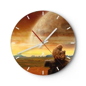 Modern Wanduhr 30x30cm Rund Analog Glasuhr Affen Mutter Natur Berg Art Glas Deko - Bild 1 von 10